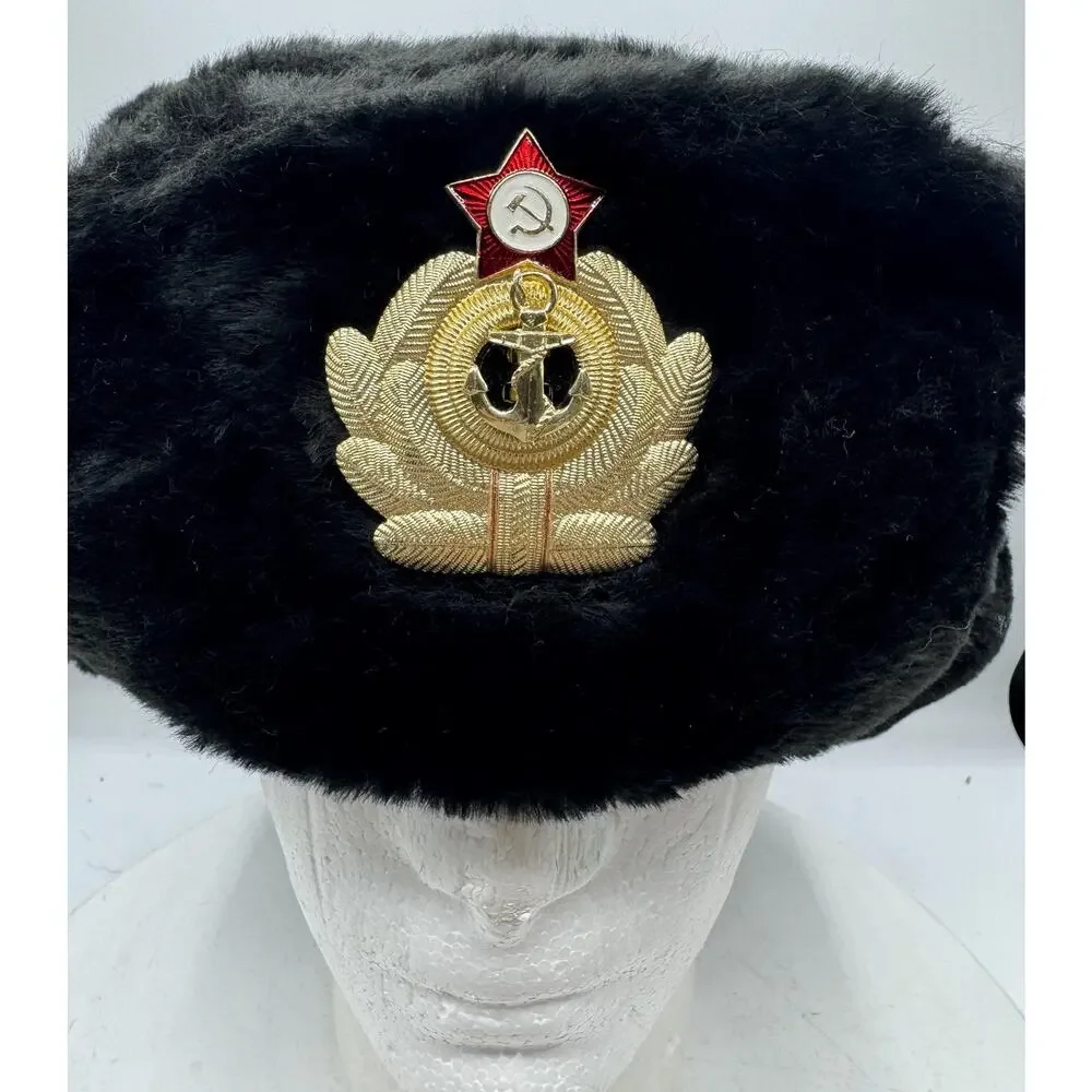 Russian Ushanka Winter Hat Black Faux Fur Soviet Union Navy Anchor Badge